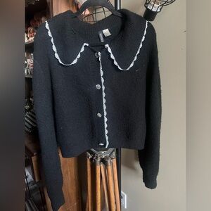 Black Knit Cardigan with Contrast Lace Trim